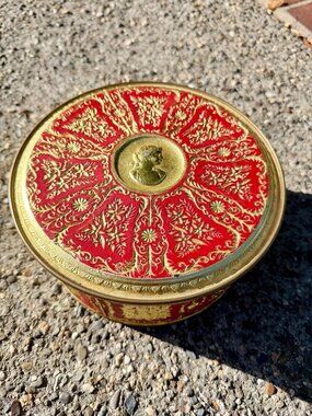 Vintage Jane Parker Cameo Fruitcake Tin Red Gold Embossed Round 8.25 x 3.75 in